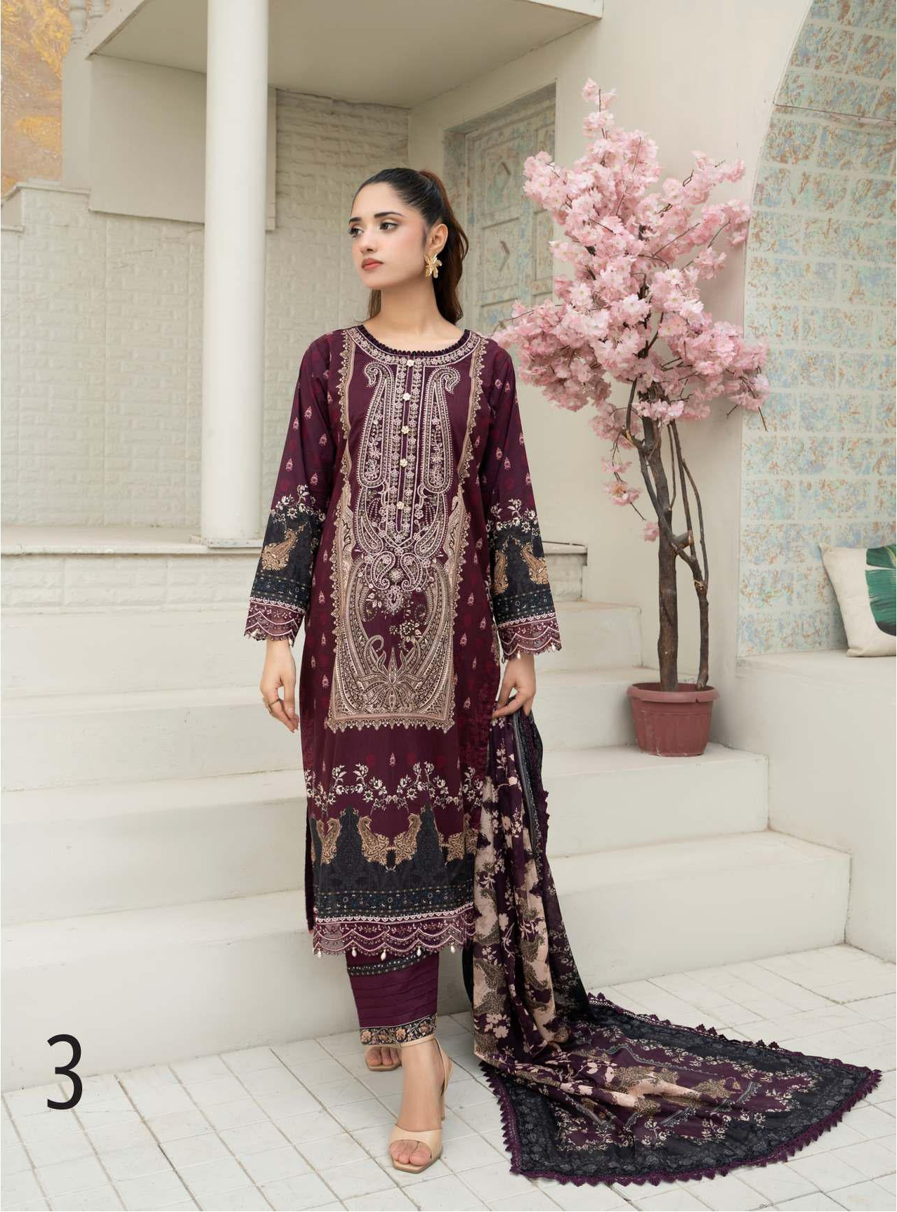 Gul Adhar Aarzoo Embroidered Premium Lawn 3-Piece Suit – Deep Plum & Charcoal