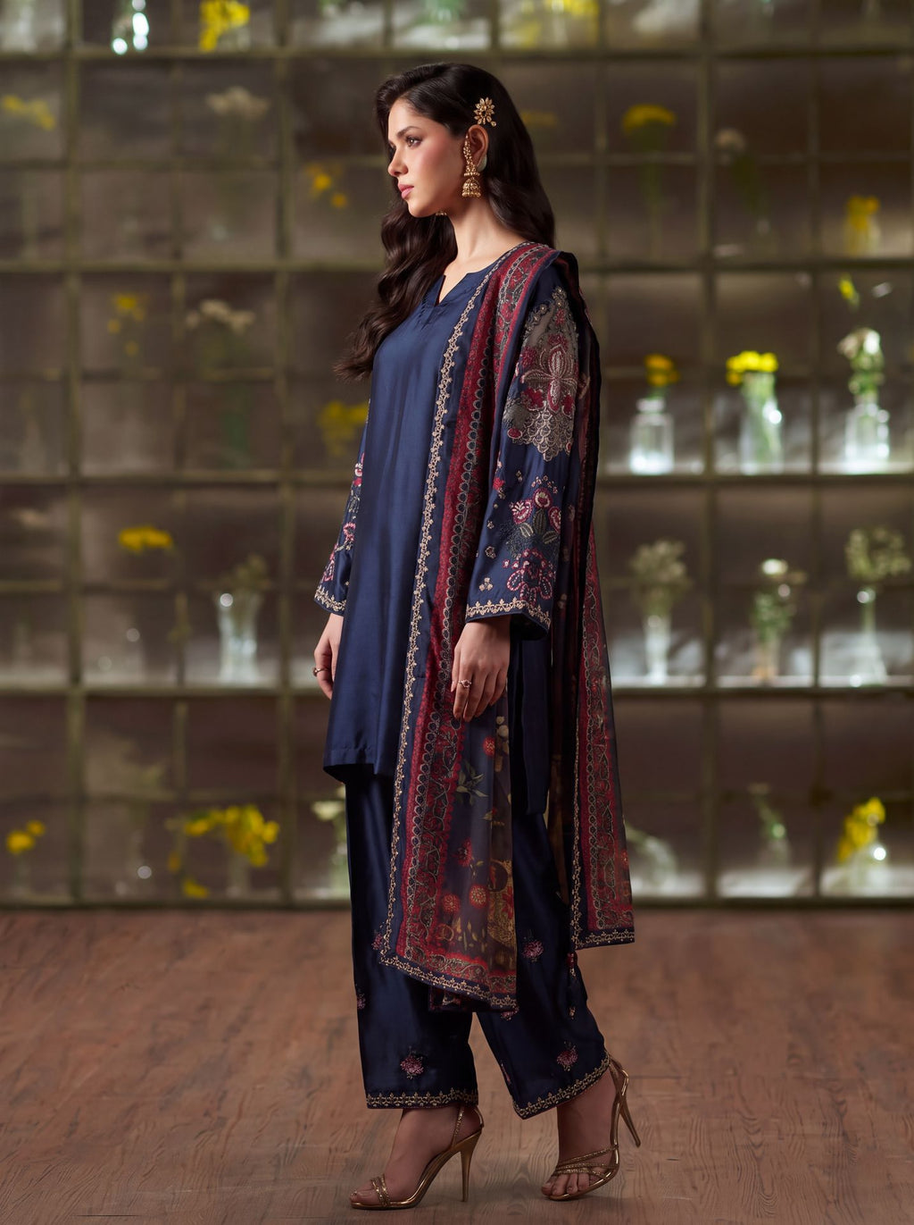 Zeenat Pret Silk Embroidered Stitched 3-Piece Suit - Navy Blue