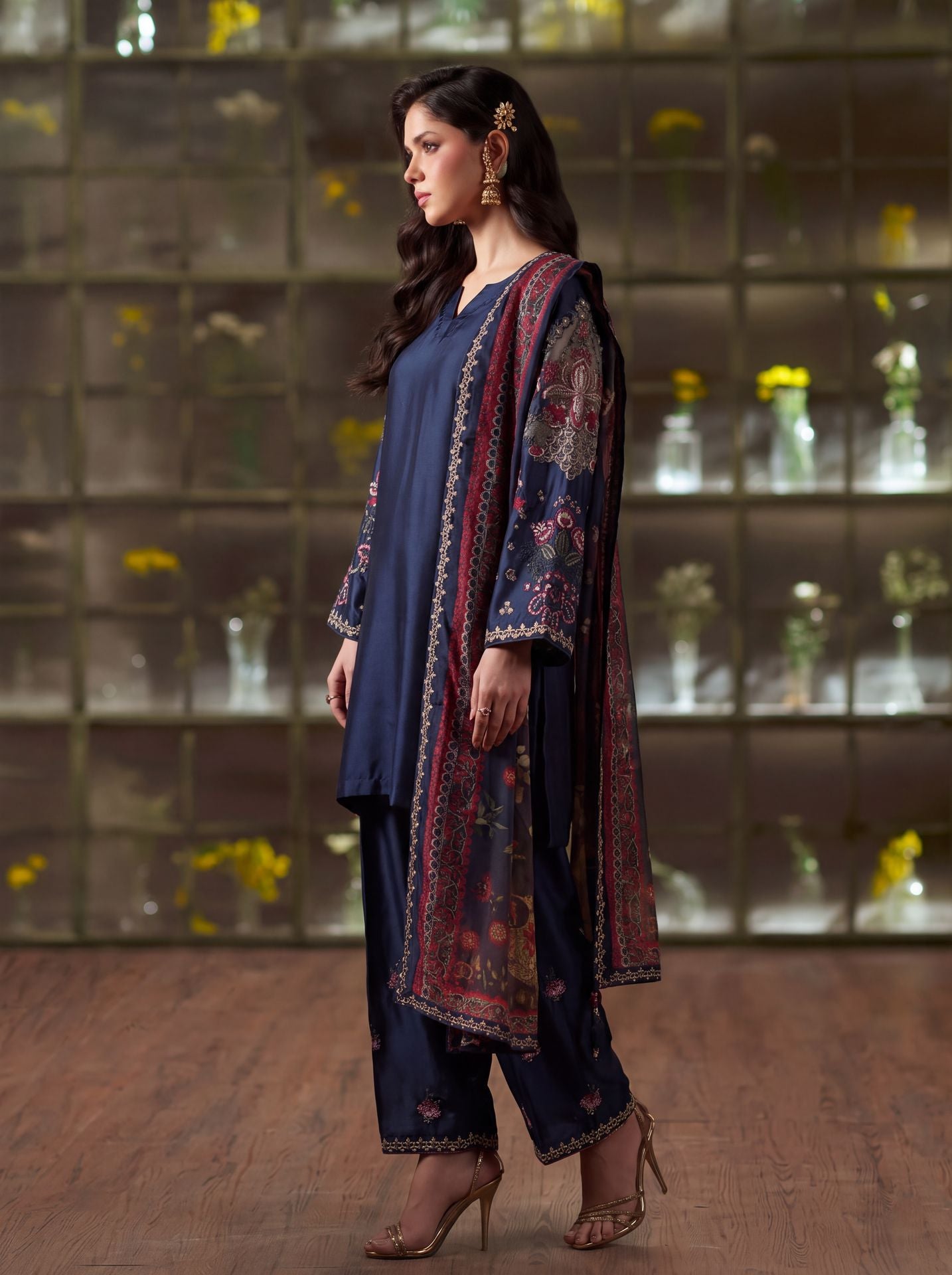 Zeenat Pret Silk Embroidered Stitched 3-Piece Suit - Navy Blue