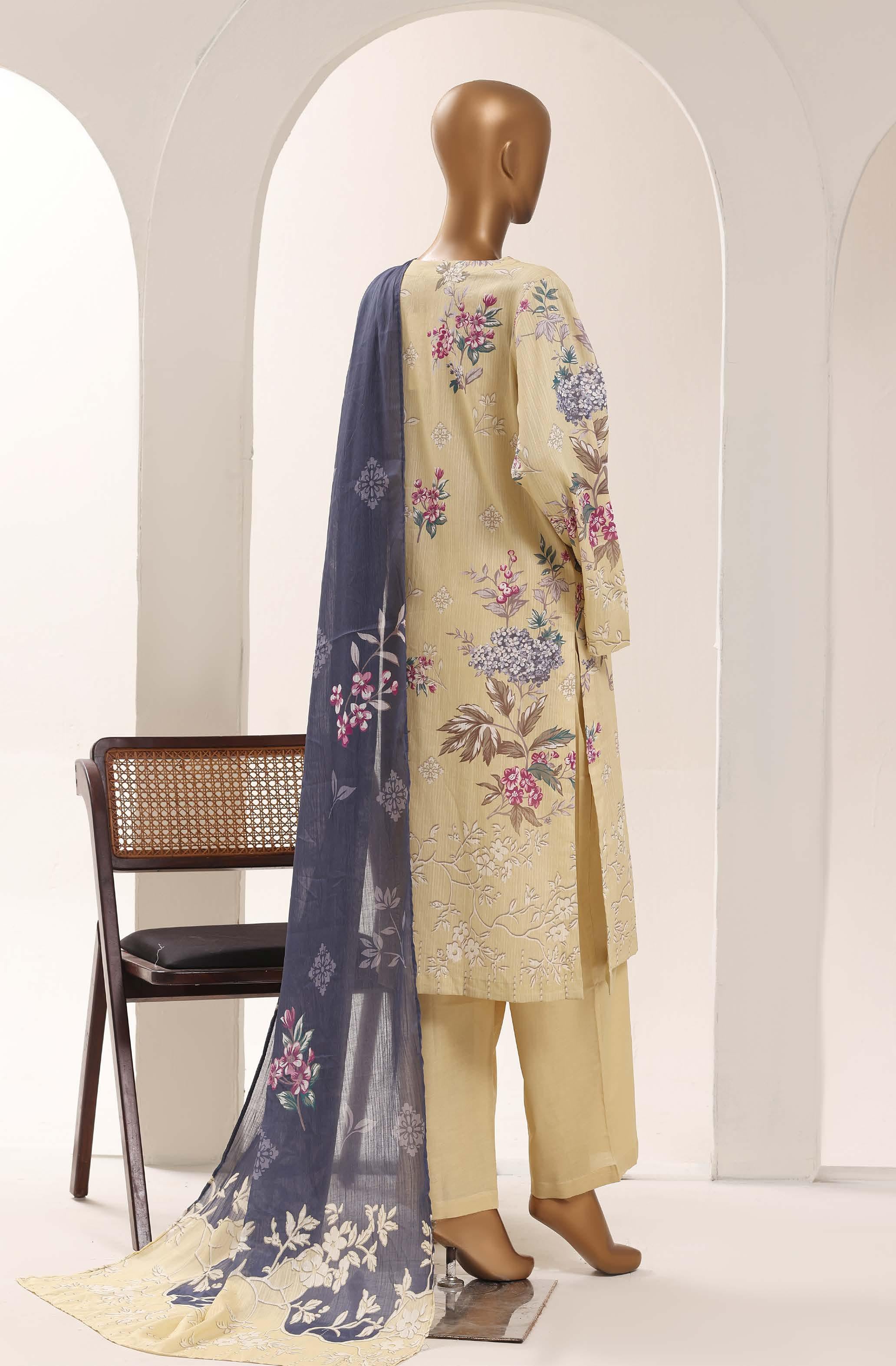 SADABAHAR Printed Lawn 3 Piece Ready-to-Wear Pakistani Suit – Yellow Beige