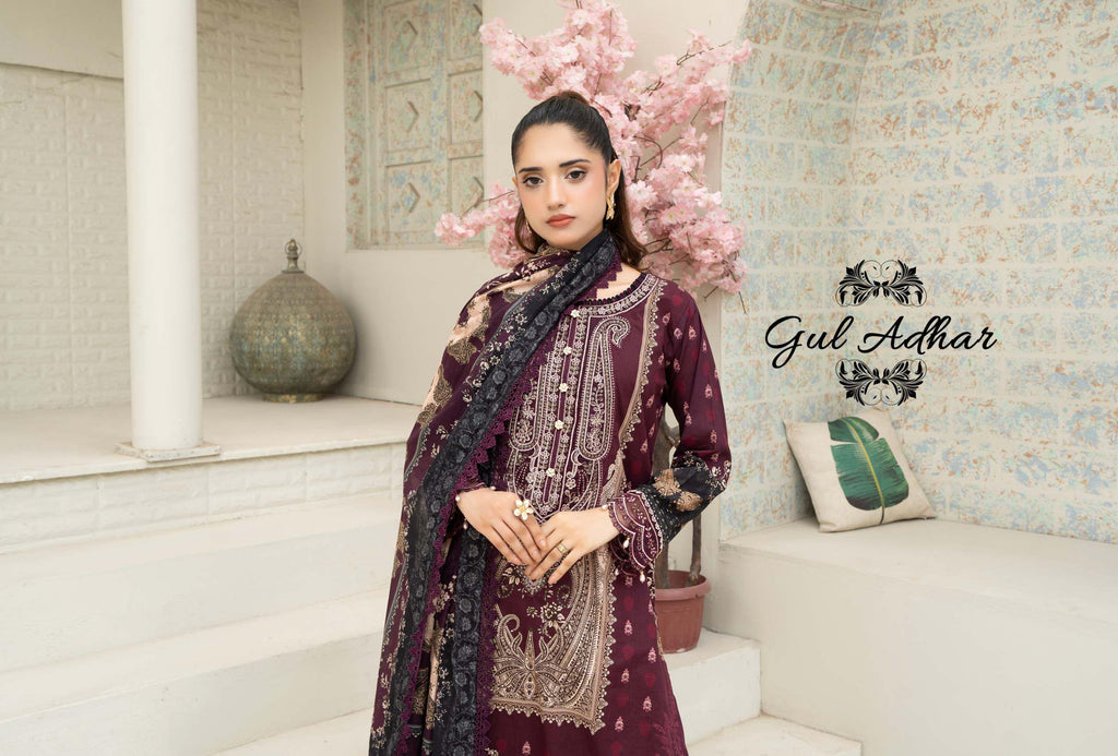 Gul Adhar Aarzoo Embroidered Premium Lawn 3-Piece Suit – Deep Plum & Charcoal
