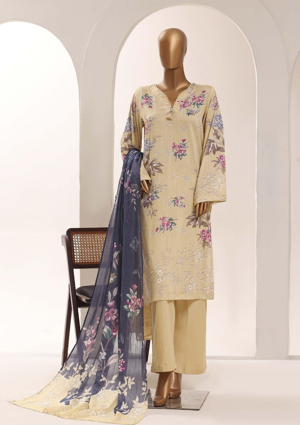 SADABAHAR Printed Lawn 3 Piece Ready-to-Wear Pakistani Suit – Yellow Beige
