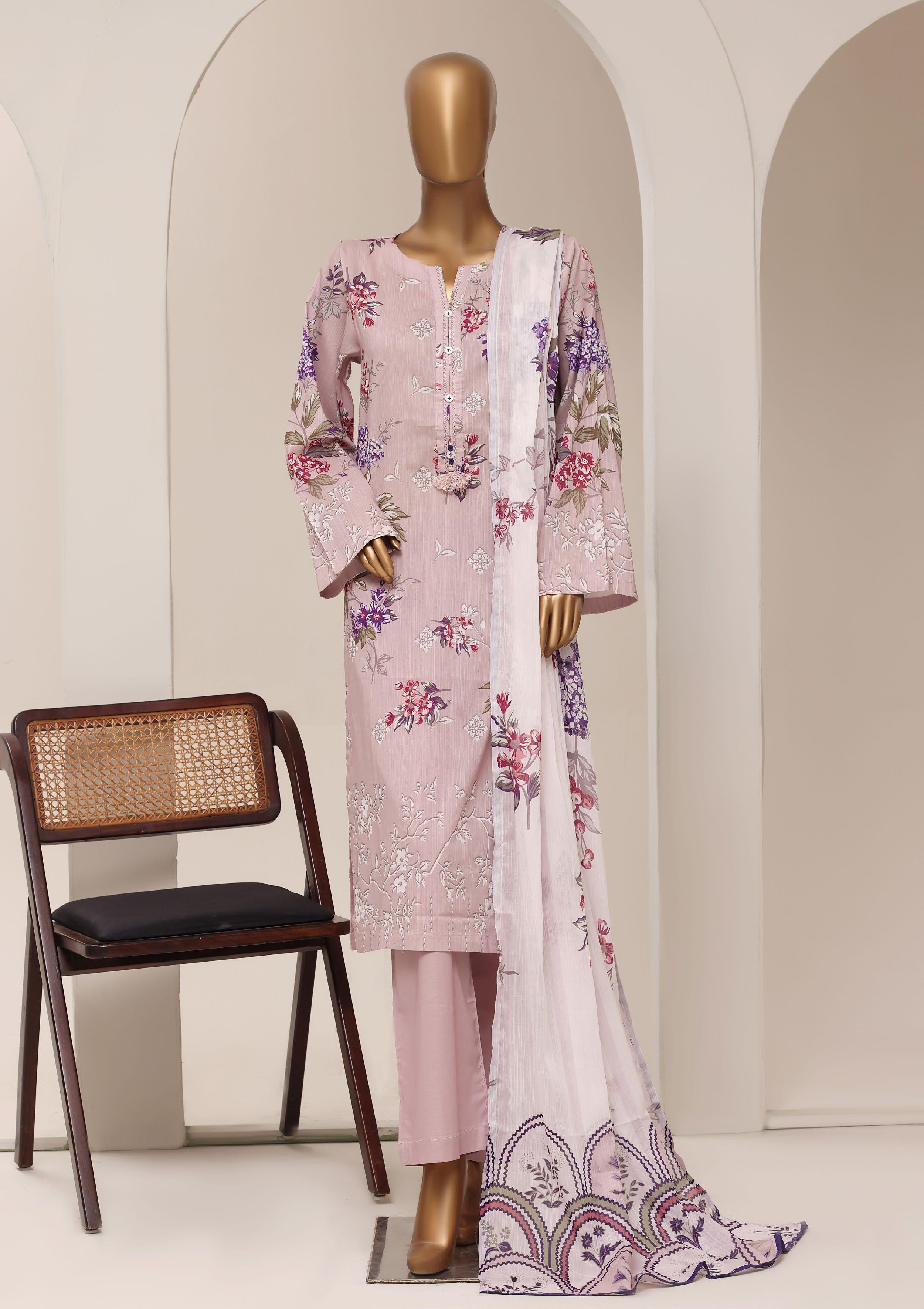Sadabahar Printed Pret 3-Piece Stitched Lawn Suit with Floral Dupatta - Pastel Lilac