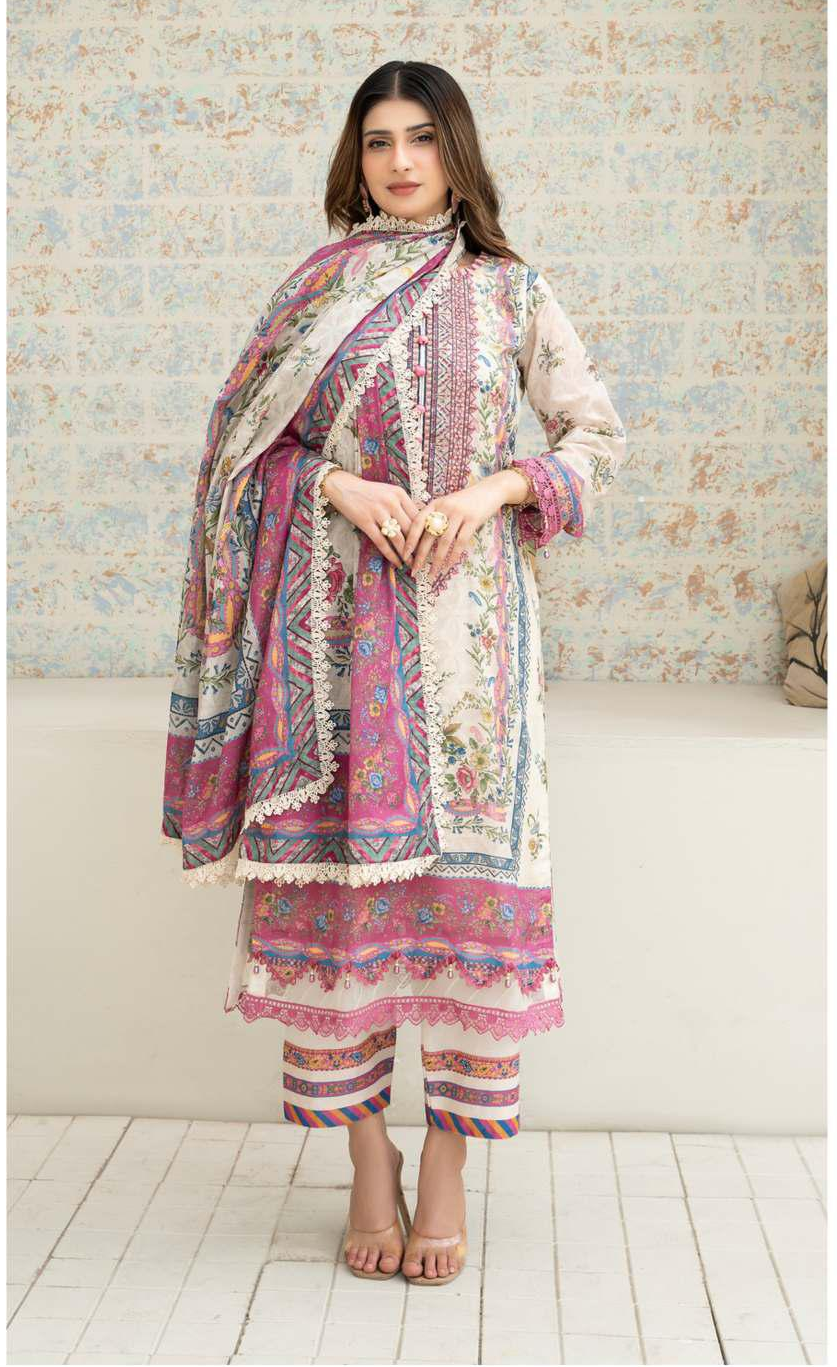 Gul Adhar Aarzoo Embroidered Premium Lawn 3-Piece Suit – Beige & Fuchsia Pink