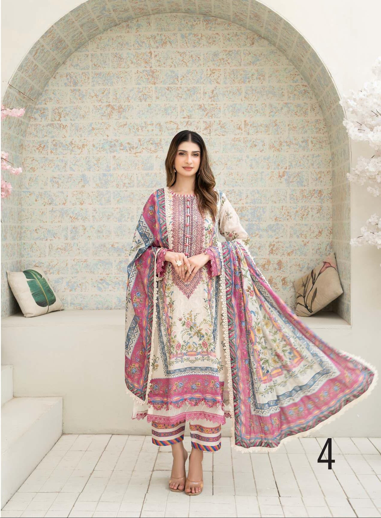 Gul Adhar Aarzoo Embroidered Premium Lawn 3-Piece Suit – Beige & Fuchsia Pink