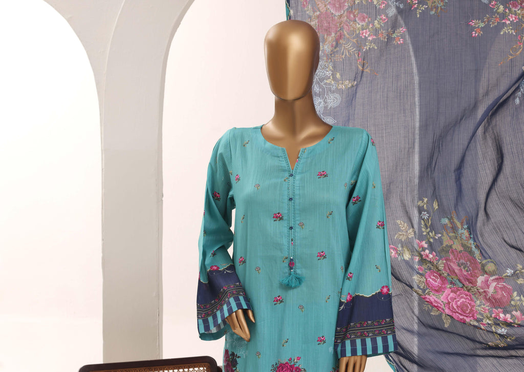 SADABAHAR Printed Lawn 3 Piece Ready-to-Wear Pakistani Suit – Turquoise Blue