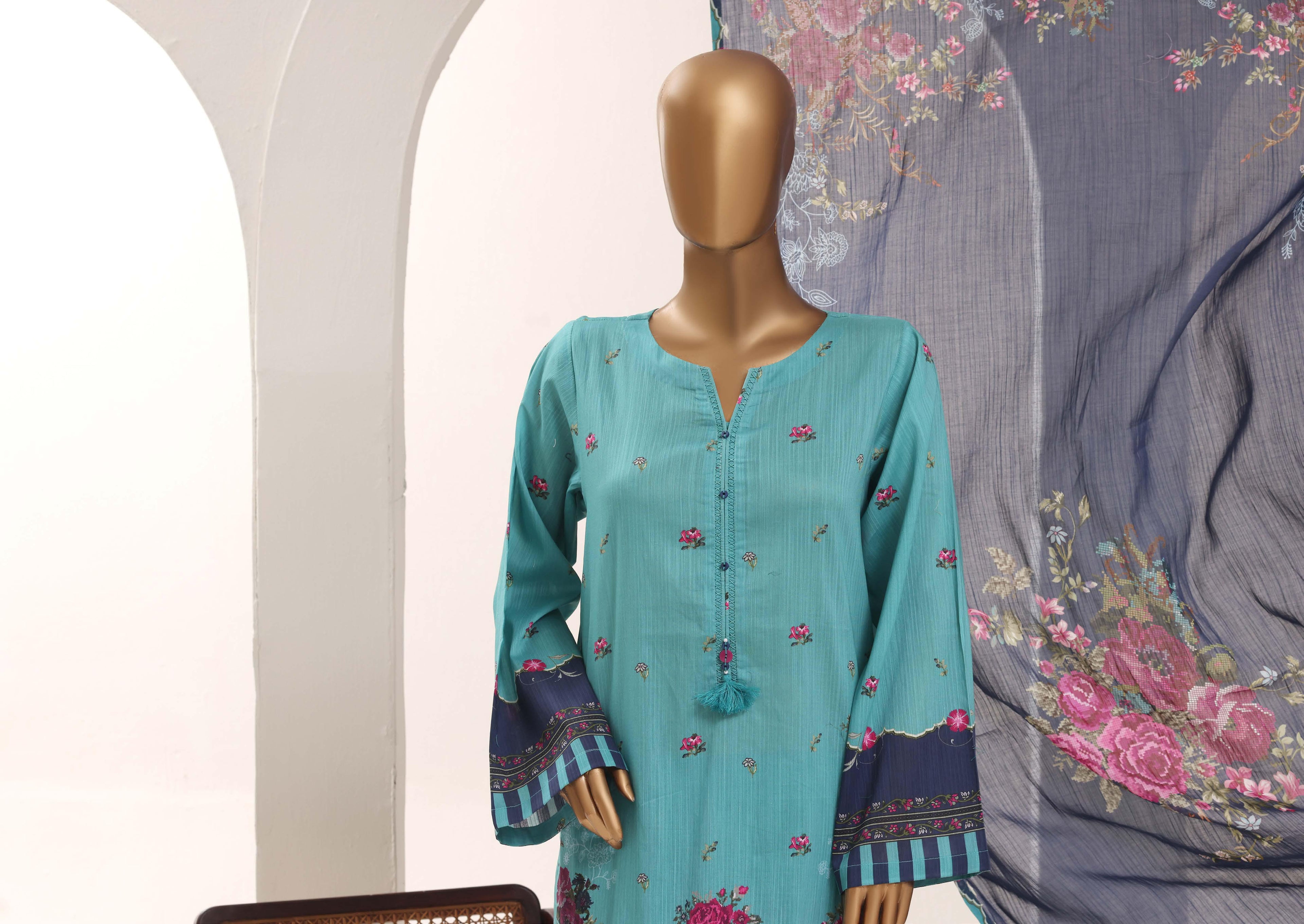 SADABAHAR Printed Lawn 3 Piece Ready-to-Wear Pakistani Suit – Turquoise Blue