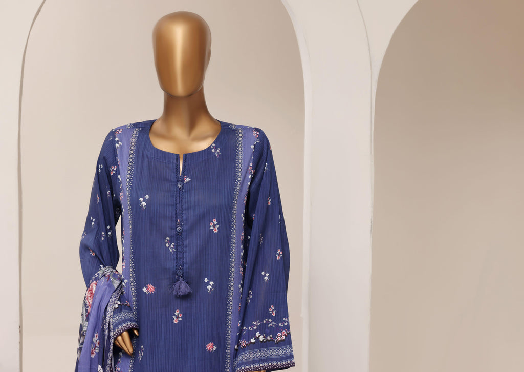 Sadabahar Printed Pret 3-Piece Stitched Lawn Suit with Monochromatic Dupatta - Royal Indigo