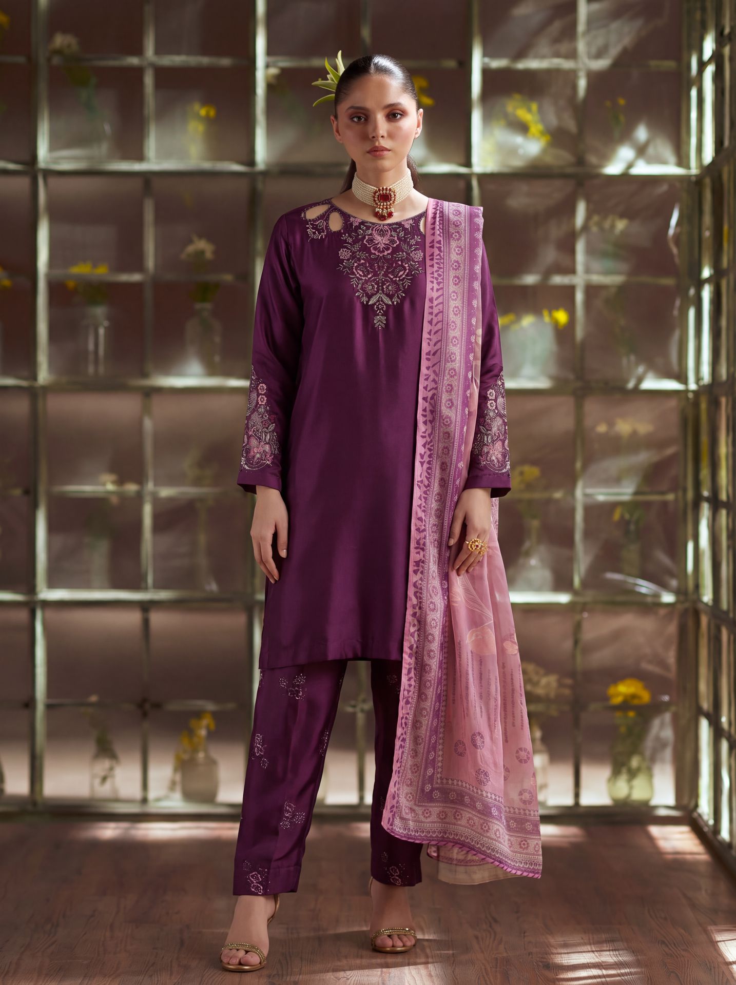 Zeenat Pret Silk Embroidered Stitched 3-Piece Suit - Purple