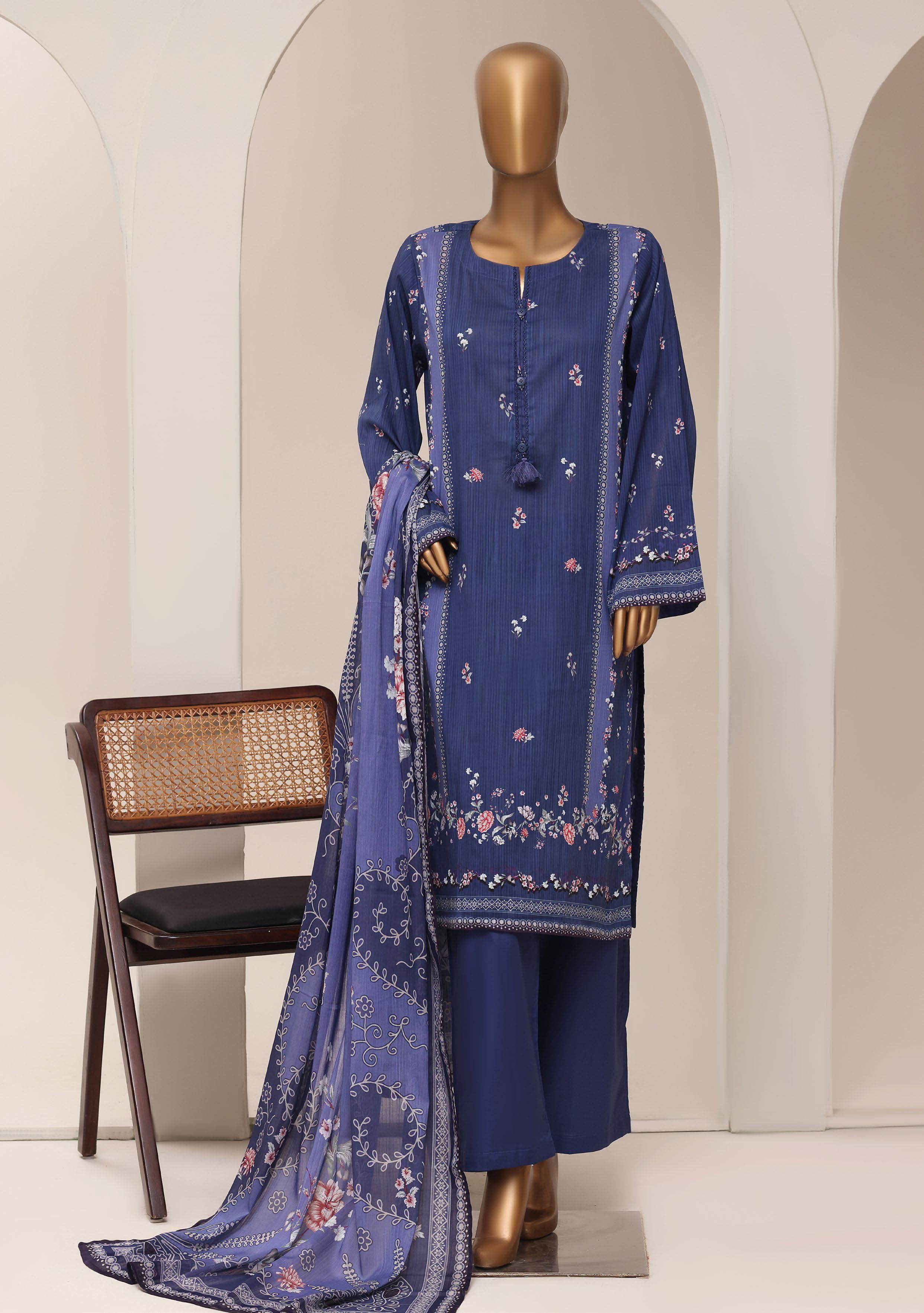 Sadabahar Printed Pret 3-Piece Stitched Lawn Suit with Monochromatic Dupatta - Royal Indigo