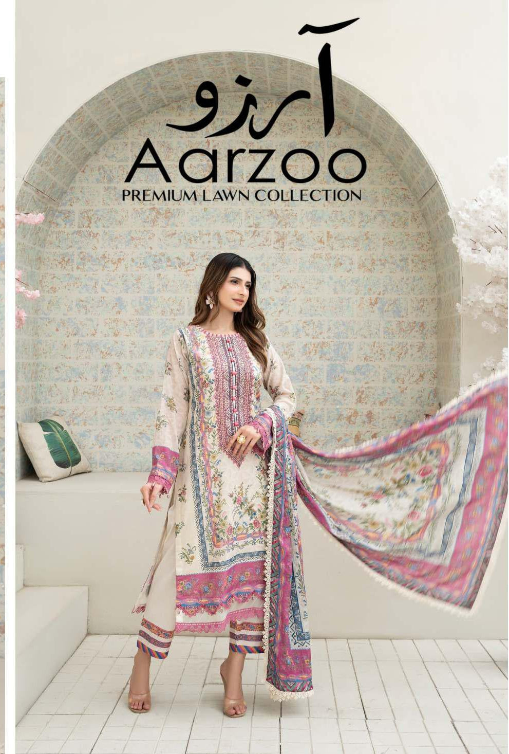 Gul Adhar Aarzoo Embroidered Premium Lawn 3-Piece Suit – Beige & Fuchsia Pink