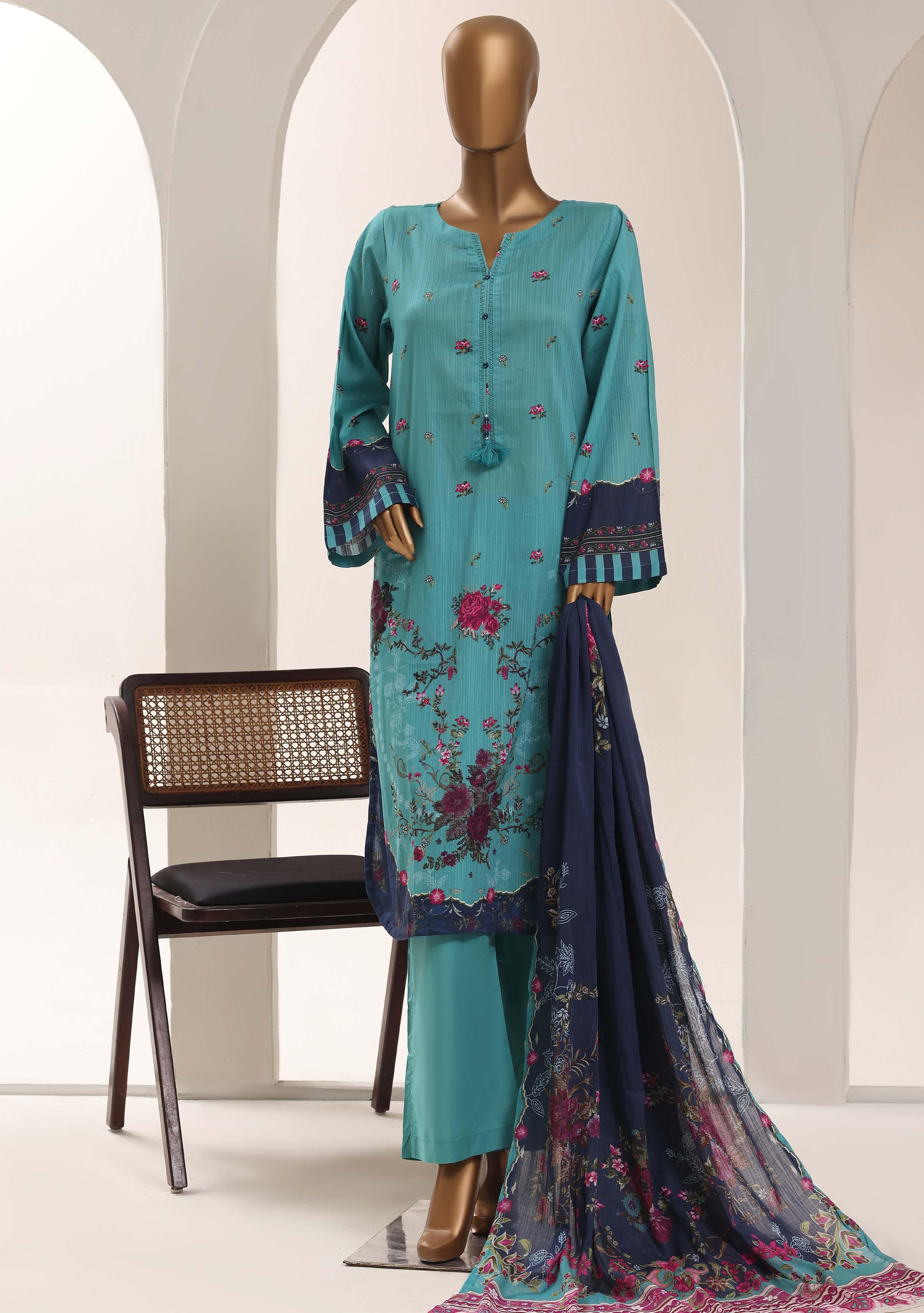 SADABAHAR Printed Lawn 3 Piece Ready-to-Wear Pakistani Suit – Turquoise Blue