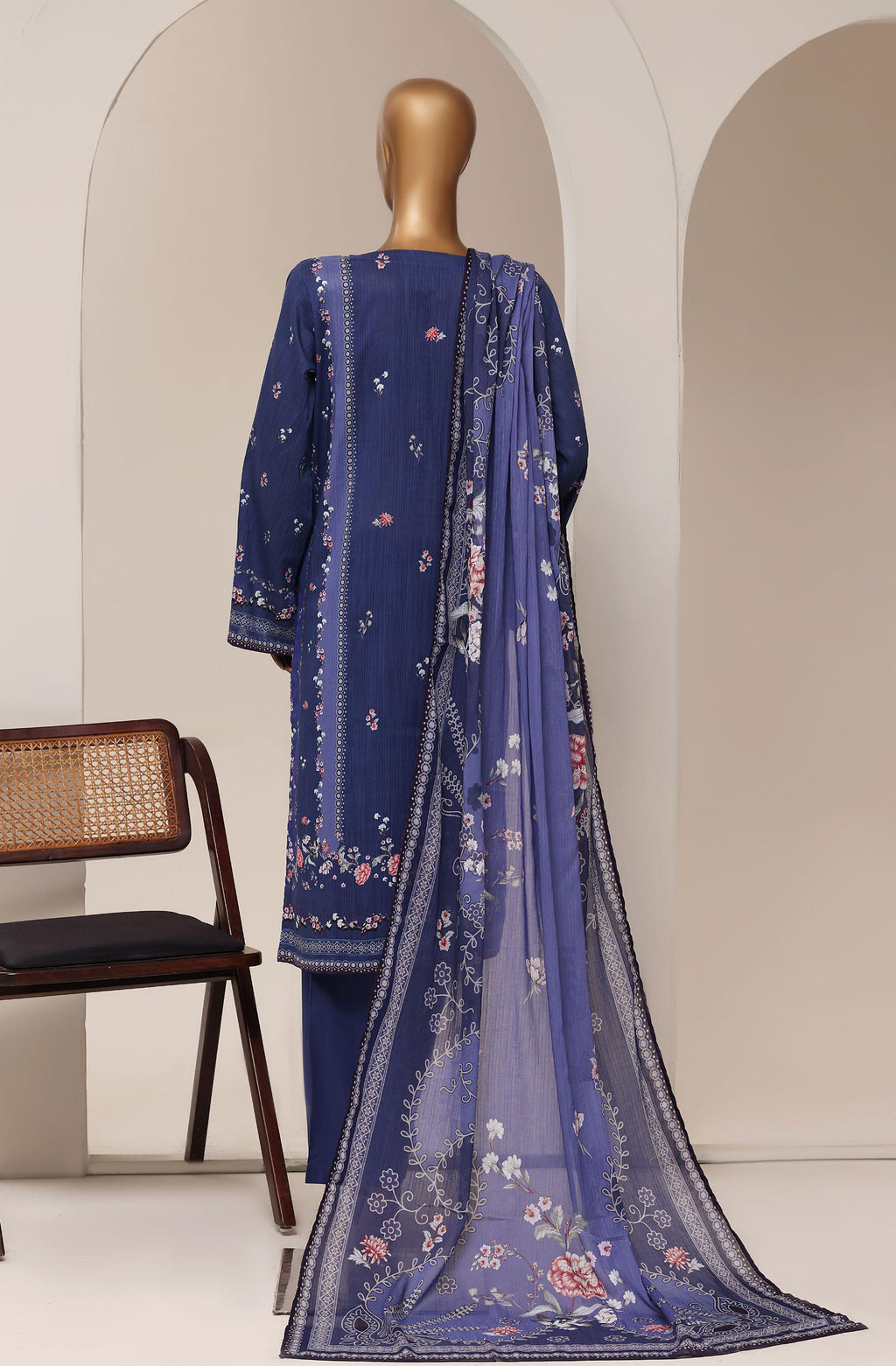 Sadabahar Printed Pret 3-Piece Stitched Lawn Suit with Monochromatic Dupatta - Royal Indigo