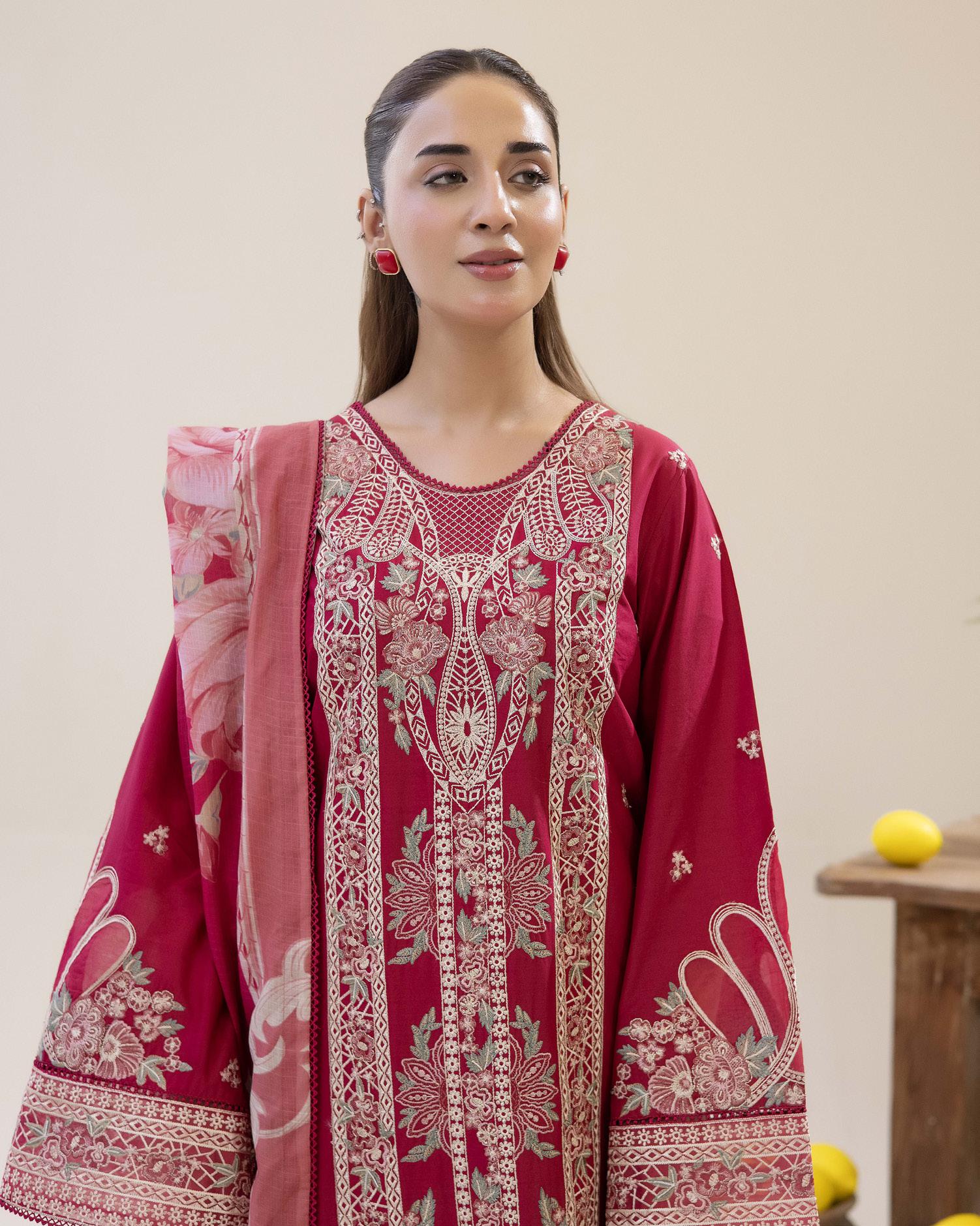 Adan's ALYA Luxury Ready-to-Wear 3 Piece Luxury Lawn Suit  New Launch MAROON RED