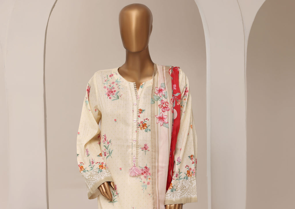 Sadabahar Printed Pret 3-Piece Stitched Lawn Suit with Contrast Crimson Dupatta - Cream Ivory