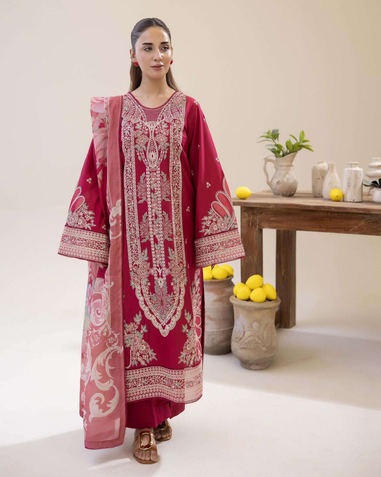 Adan's ALYA Luxury Ready-to-Wear 3 Piece Luxury Lawn Suit  New Launch MAROON RED