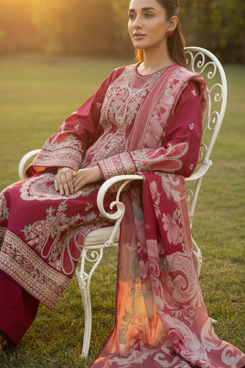 Adan's ALYA Luxury Ready-to-Wear 3 Piece Luxury Lawn Suit  New Launch MAROON RED