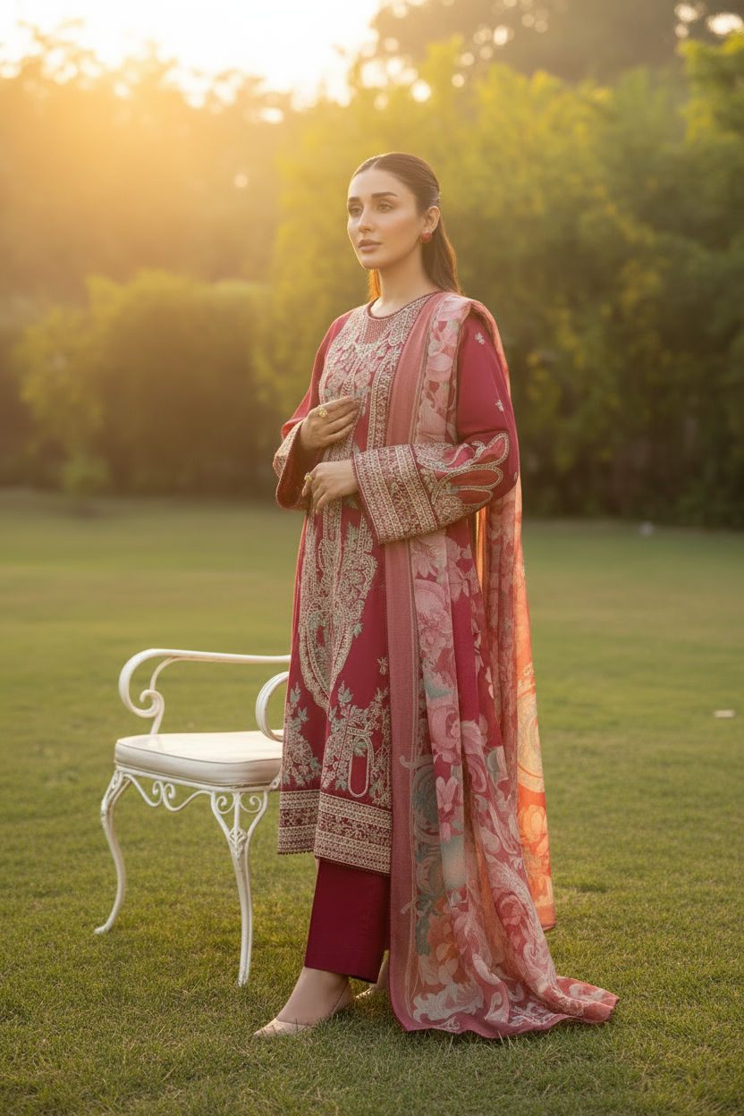 Adan's ALYA Luxury Ready-to-Wear 3 Piece Luxury Lawn Suit  New Launch MAROON RED