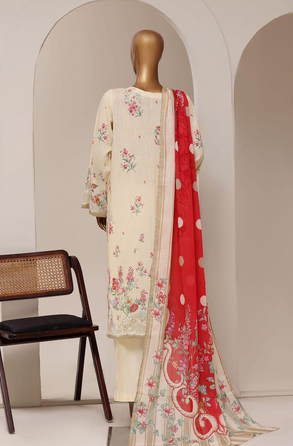 Sadabahar Printed Pret 3-Piece Stitched Lawn Suit with Contrast Crimson Dupatta - Cream Ivory