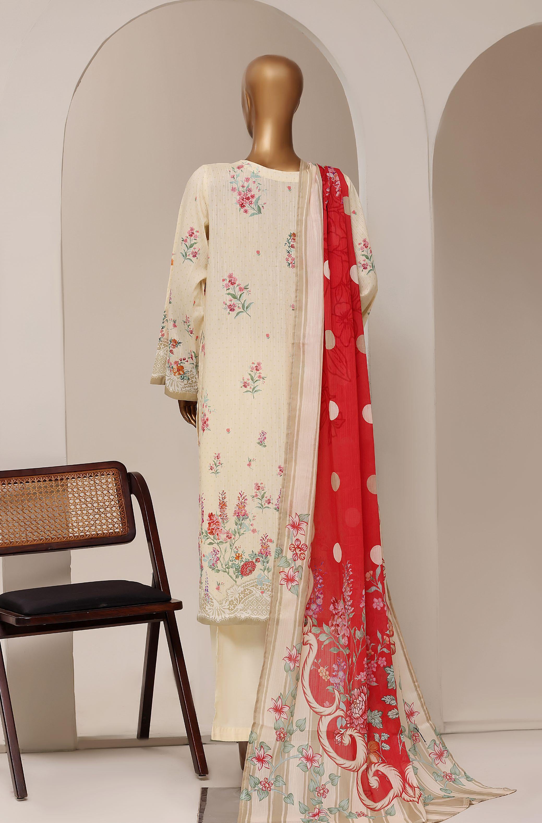 Sadabahar Printed Pret 3-Piece Stitched Lawn Suit with Contrast Crimson Dupatta - Cream Ivory