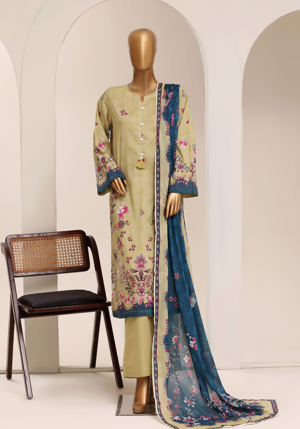 Sadabahar Printed Pret 3-Piece Stitched Lawn Suit with Indigo Dupatta - Olive Khaki