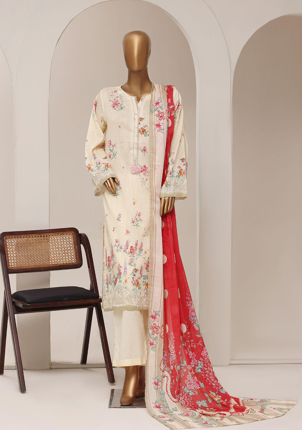 Sadabahar Printed Pret 3-Piece Stitched Lawn Suit with Contrast Crimson Dupatta - Cream Ivory