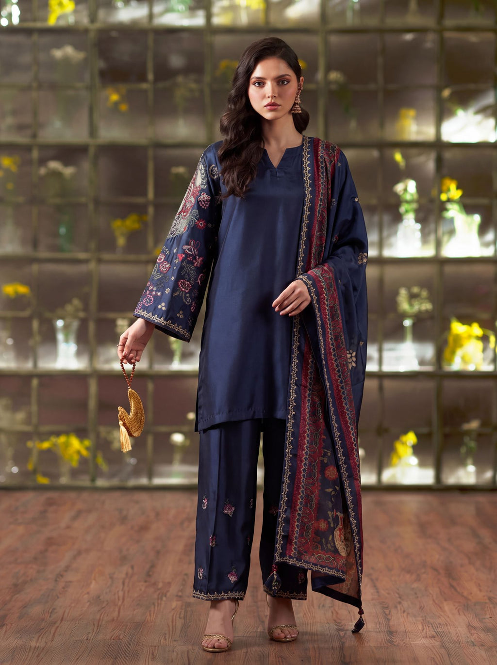 Zeenat Pret Silk Embroidered Stitched 3-Piece Suit - Navy Blue