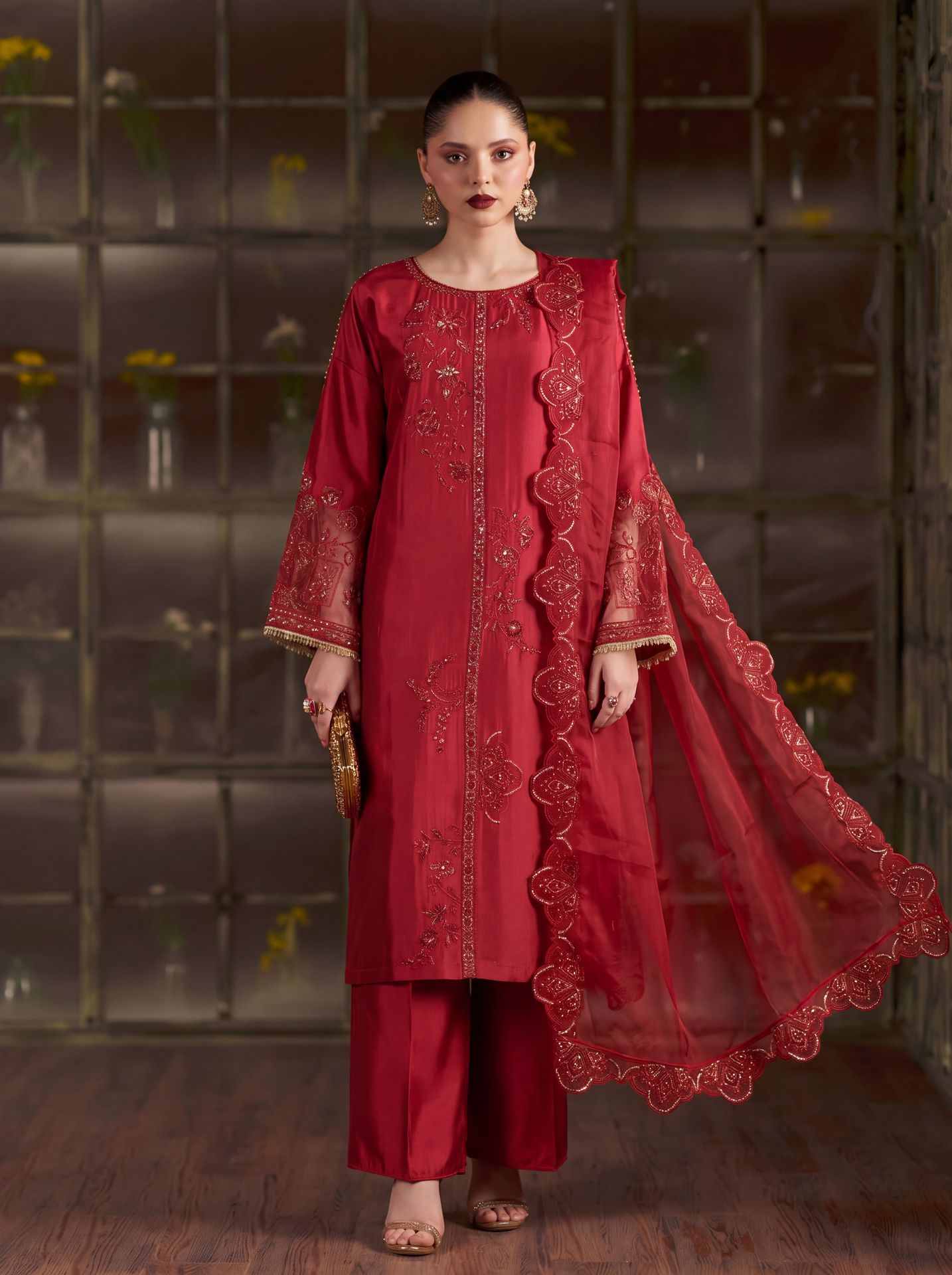 Zeenat Pret Silk Embroidered Stitched 3-Piece Suit - Deep Crimson Red