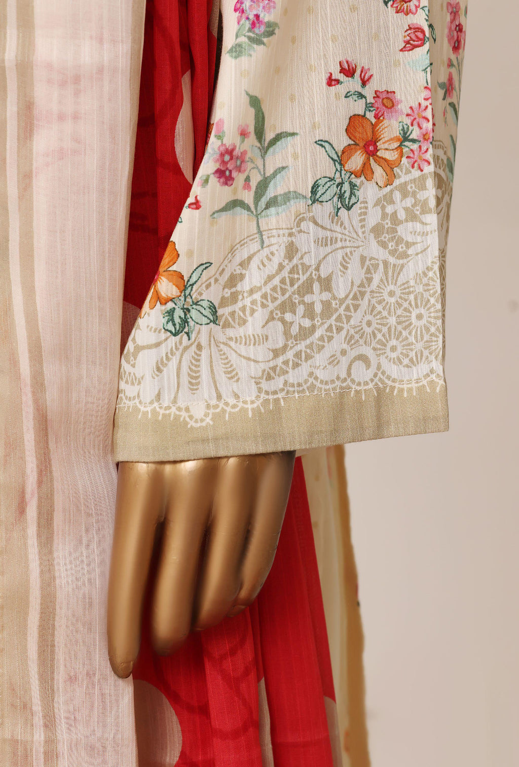 Sadabahar Printed Pret 3-Piece Stitched Lawn Suit with Contrast Crimson Dupatta - Cream Ivory