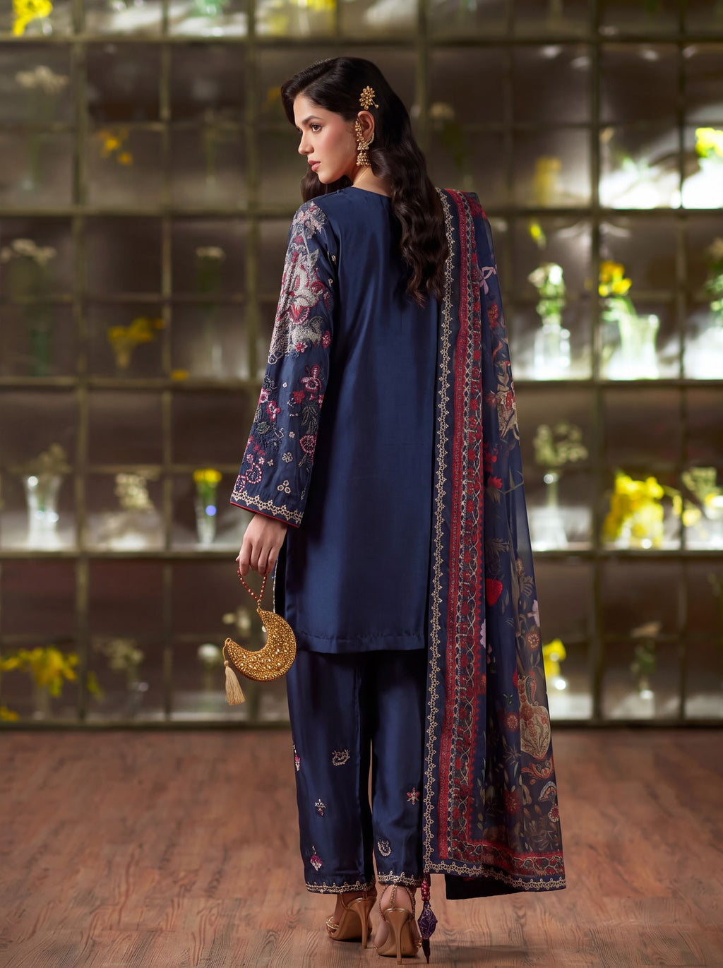 Zeenat Pret Silk Embroidered Stitched 3-Piece Suit - Navy Blue
