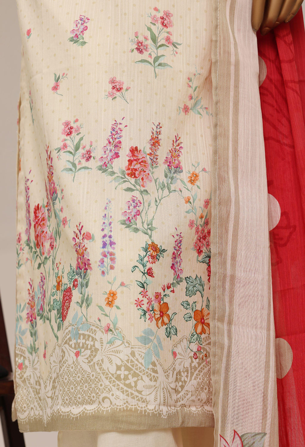 Sadabahar Printed Pret 3-Piece Stitched Lawn Suit with Contrast Crimson Dupatta - Cream Ivory