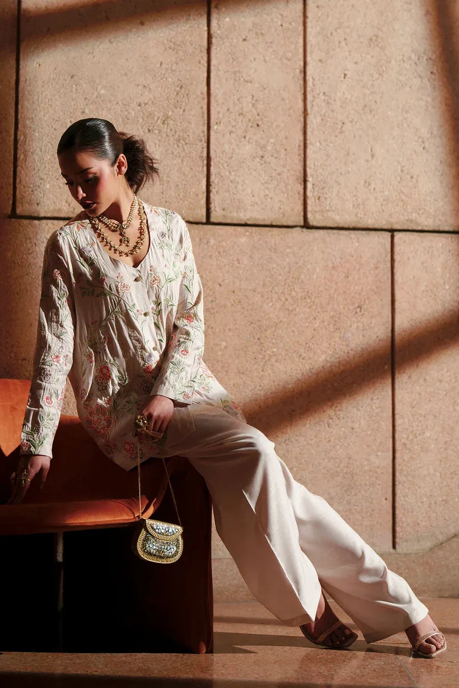 ETHNC Premium Off-White Floral Embroidered 3-Piece Stitched Luxury Suit - Off White