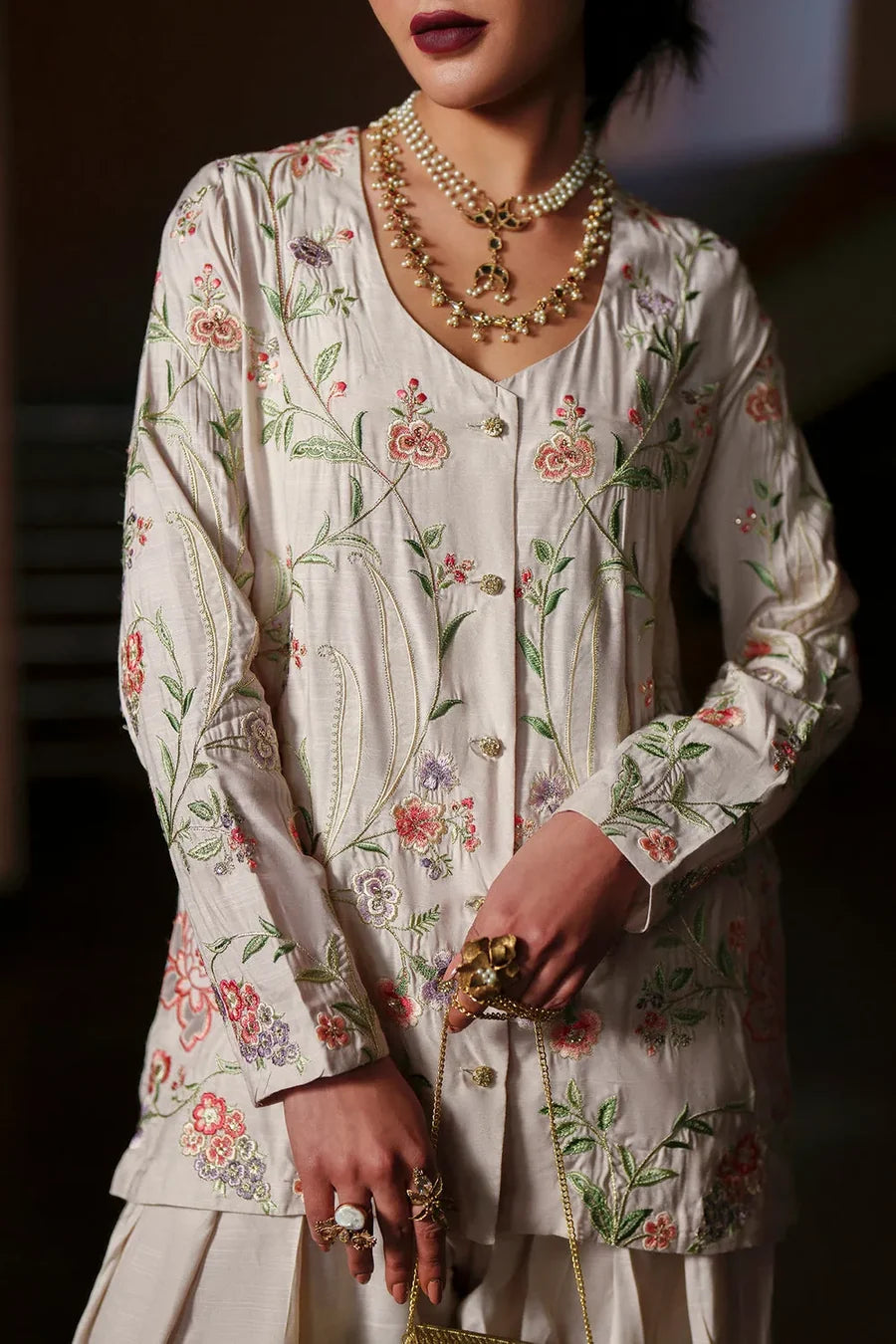 ETHNC Premium Off-White Floral Embroidered 3-Piece Stitched Luxury Suit - Off White