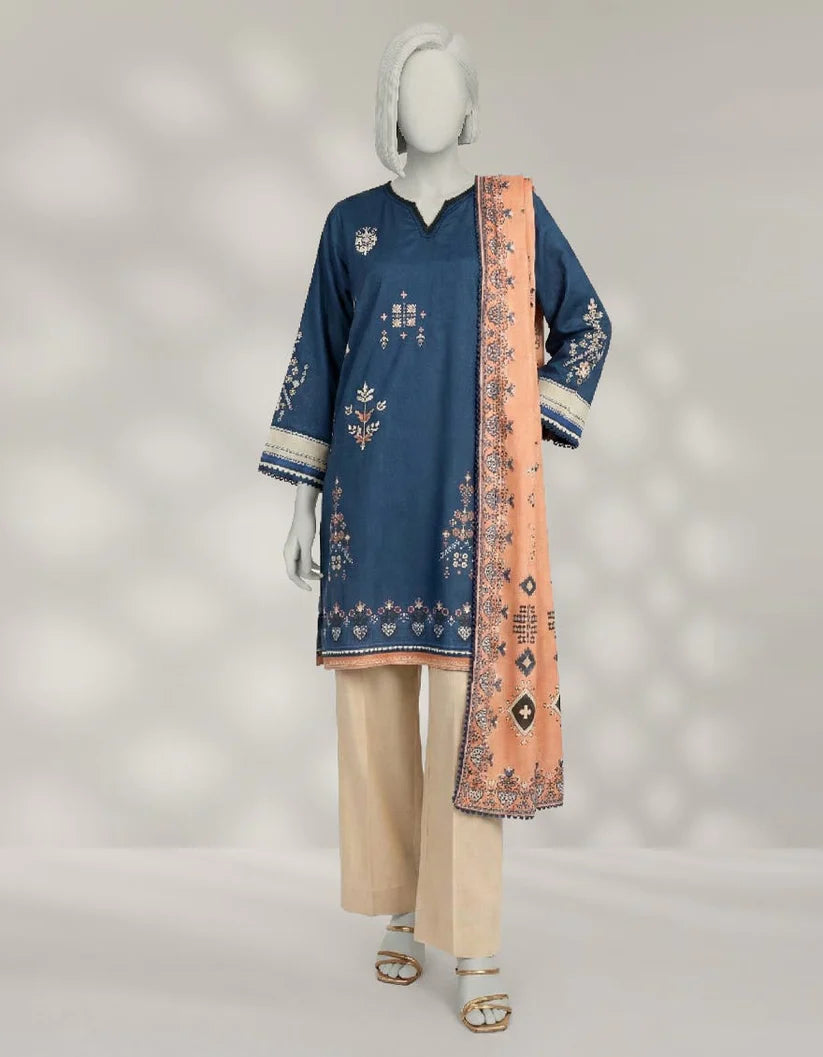 J. Lawn Embroidered Stitched 3-Piece Suit - Indigo Blue