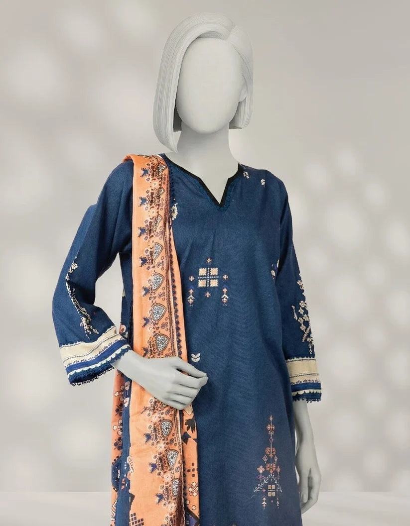 J. Lawn Embroidered Stitched 3-Piece Suit - Indigo Blue