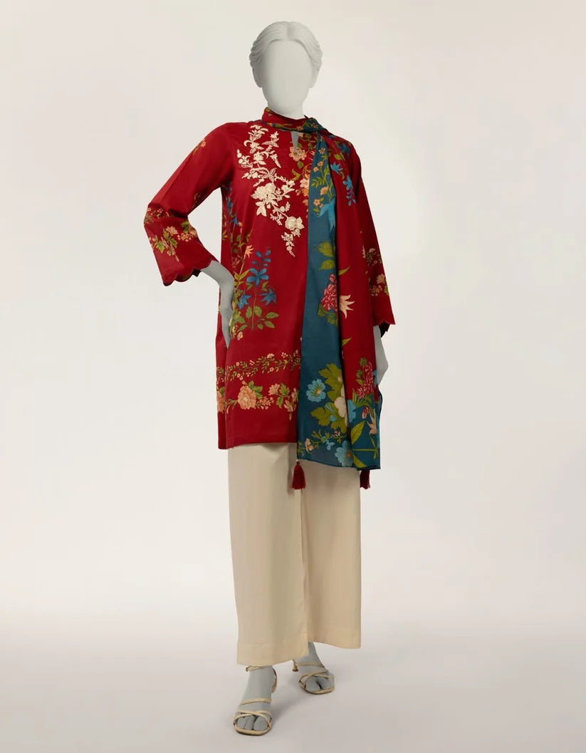 J. Junaid Jamshed Lawn Embroidered Stitched 2-Piece Suit (Shirt + Dupatta)- Deep Red