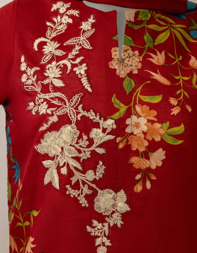 J. Junaid Jamshed Lawn Embroidered Stitched 2-Piece Suit (Shirt + Dupatta)- Deep Red