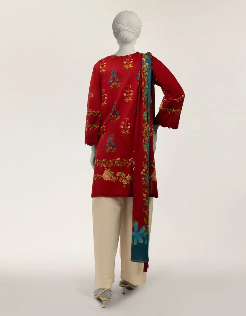 J. Junaid Jamshed Lawn Embroidered Stitched 2-Piece Suit (Shirt + Dupatta)- Deep Red