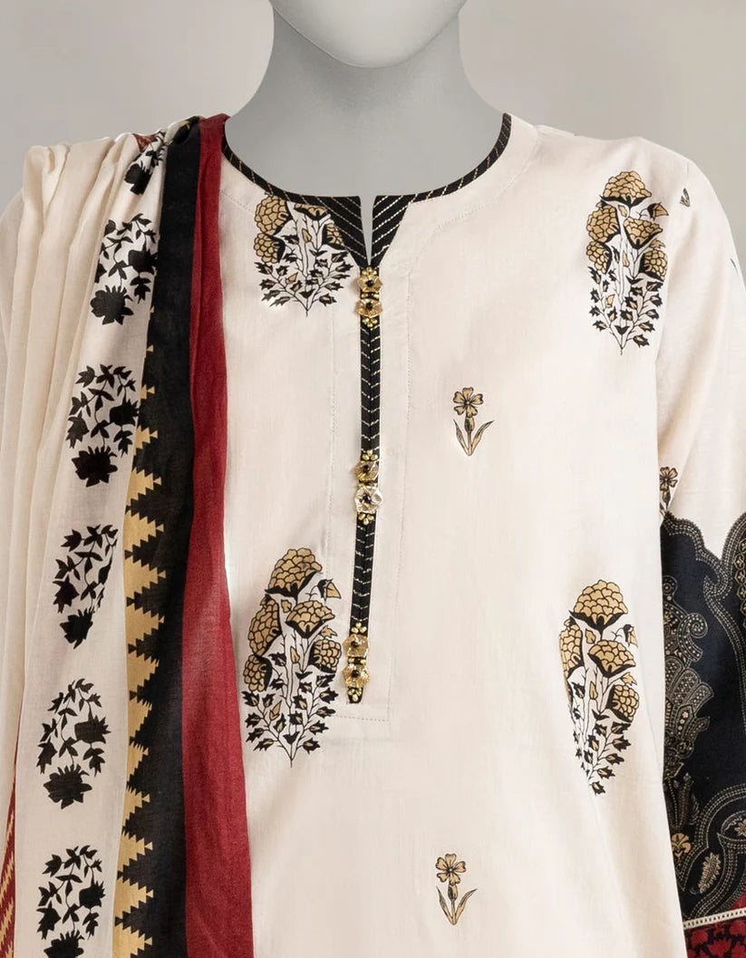J. Lawn Printed Stitched 3-Piece Suit - Cream & Maroon