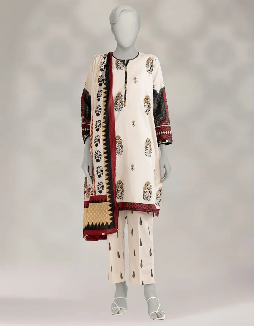 J. Lawn Printed Stitched 3-Piece Suit - Cream & Maroon