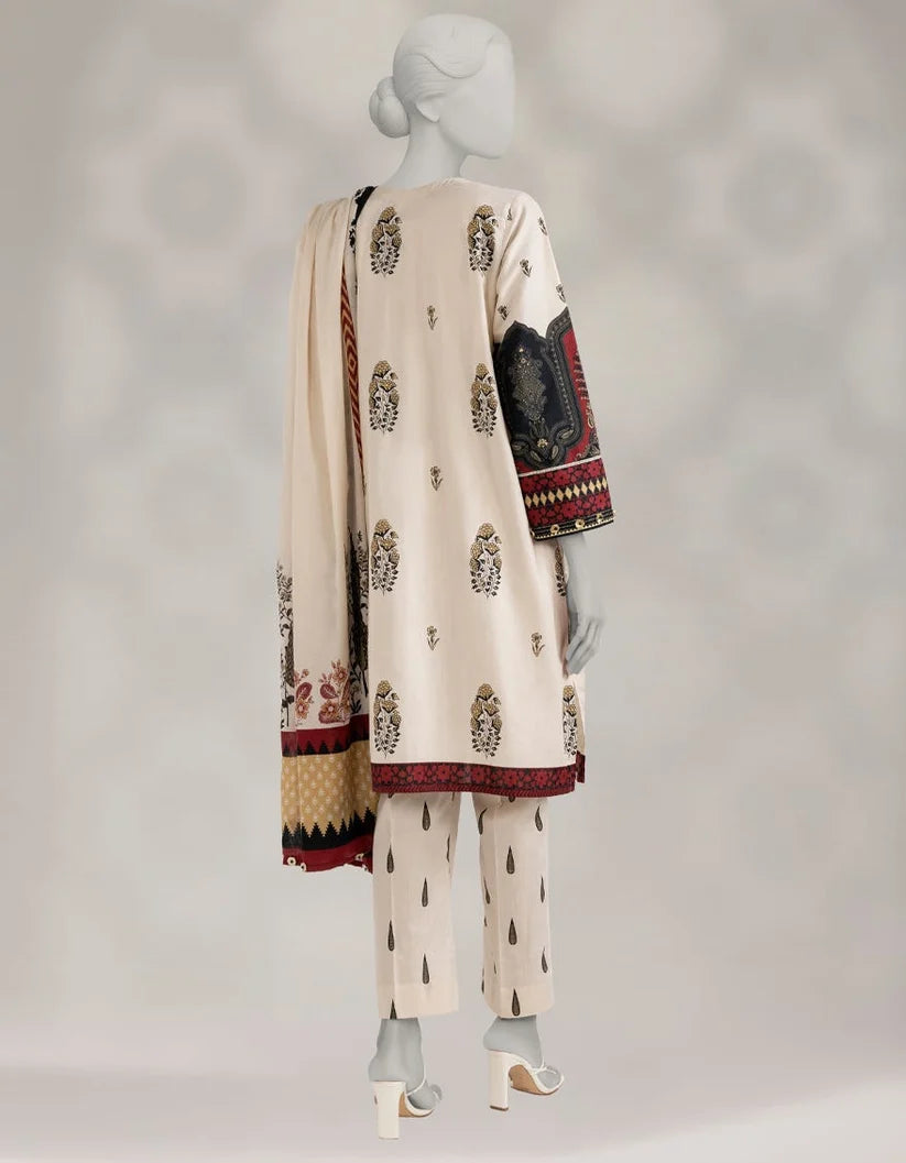 J. Lawn Printed Stitched 3-Piece Suit - Cream & Maroon