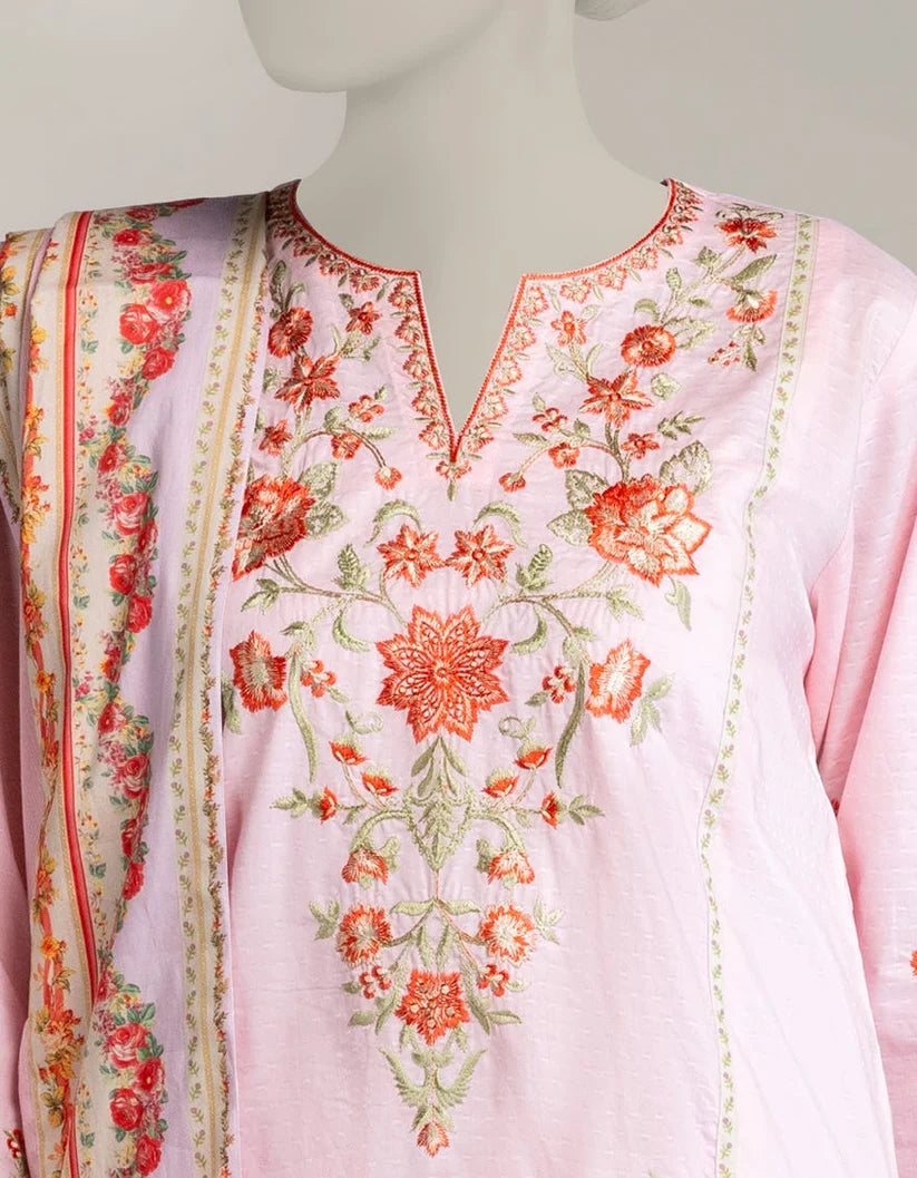 J. Lawn Embroidered Stitched 3-Piece Suit - Light Pink