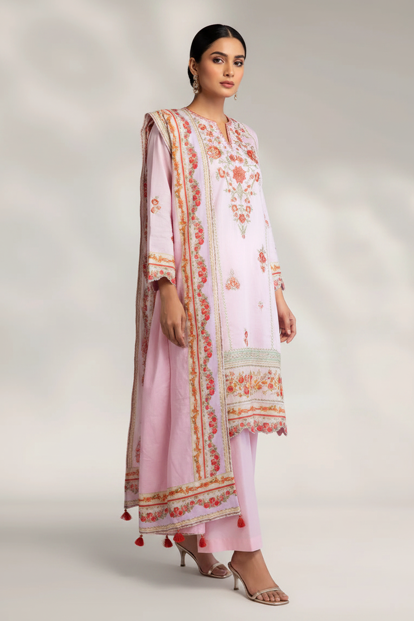J. Lawn Embroidered Stitched 3-Piece Suit - Light Pink