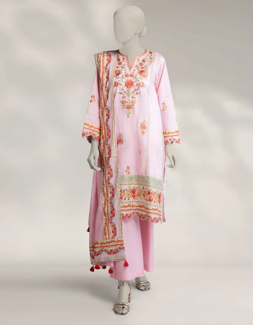 J. Lawn Embroidered Stitched 3-Piece Suit - Light Pink