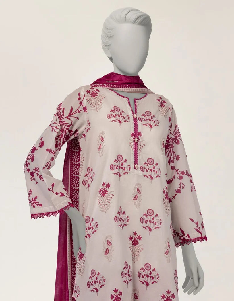 J. Lawn Printed Stitched 3-Piece Suit - White & Magenta