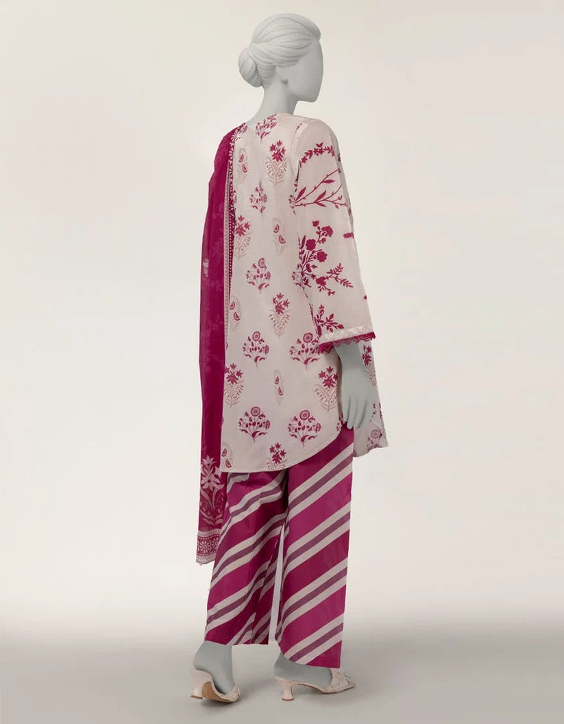J. Lawn Printed Stitched 3-Piece Suit - White & Magenta