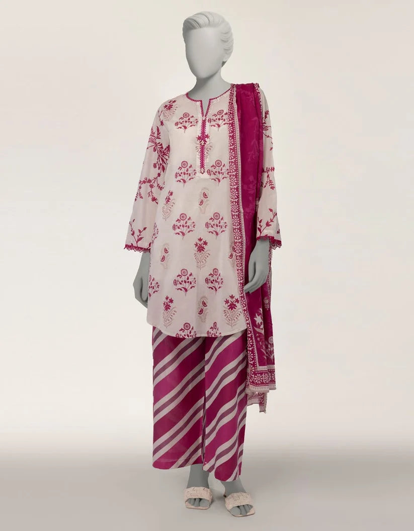 J. Lawn Printed Stitched 3-Piece Suit - White & Magenta