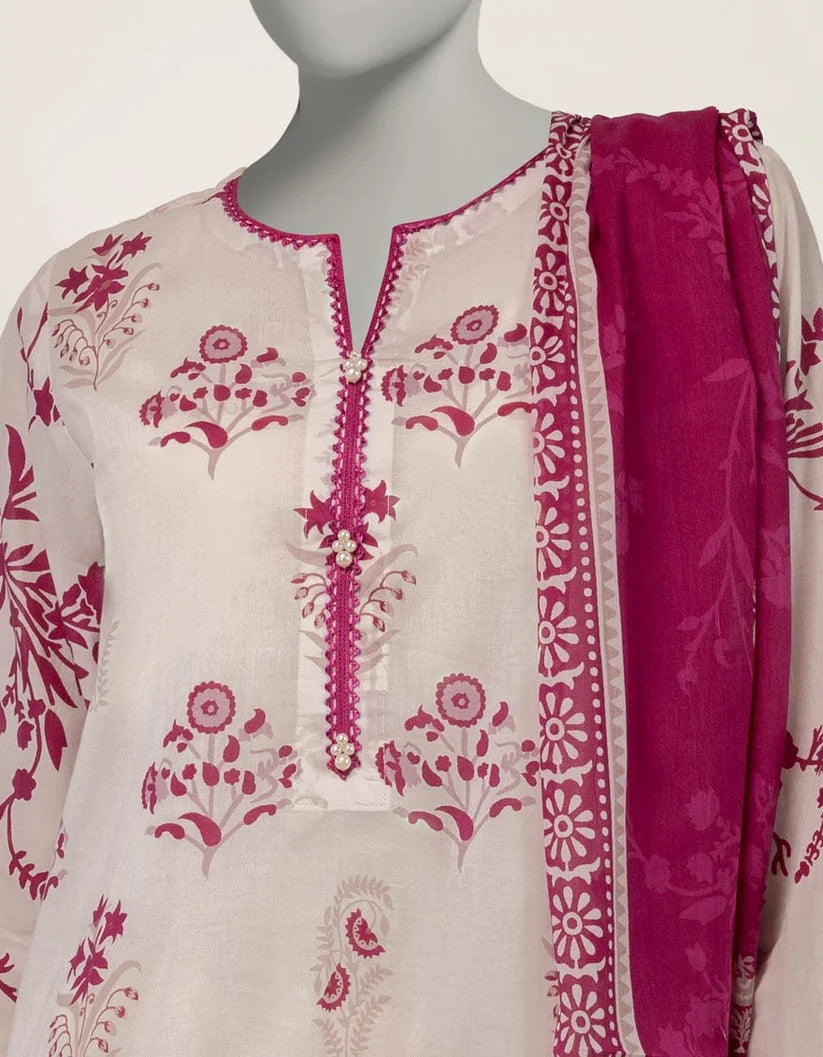 J. Lawn Printed Stitched 3-Piece Suit - White & Magenta