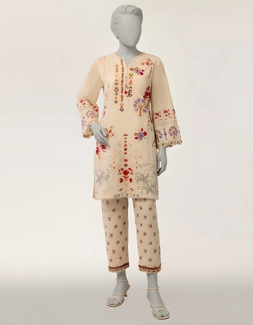 J. Lawn Embroidered Stitched 2-Piece Suit - Beige