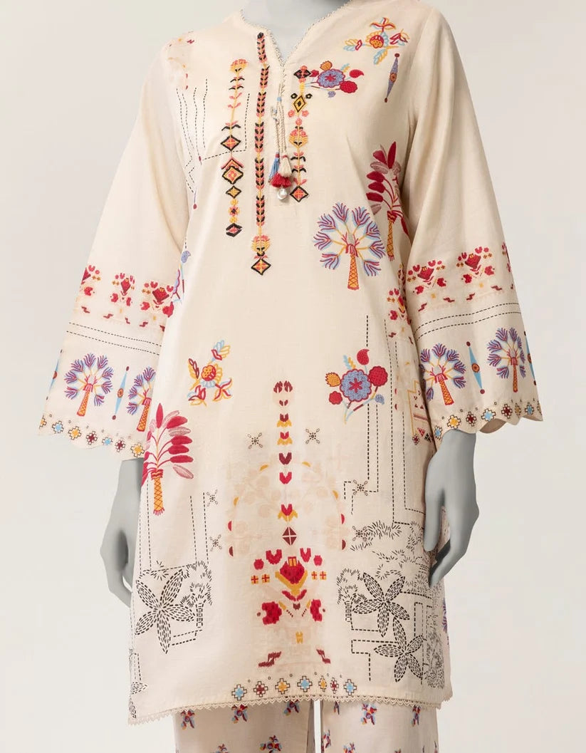 J. Lawn Embroidered Stitched 2-Piece Suit - Beige